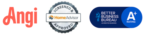 Angi logo with HomeAdvisor approved badge, Better Business Bureau A+ rating, and Google reviews icons