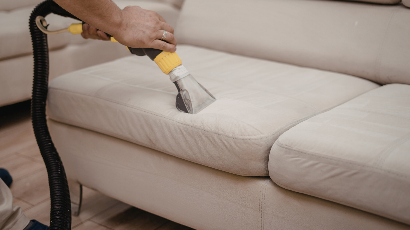 Person using a handheld upholstery cleaner on a white couch.