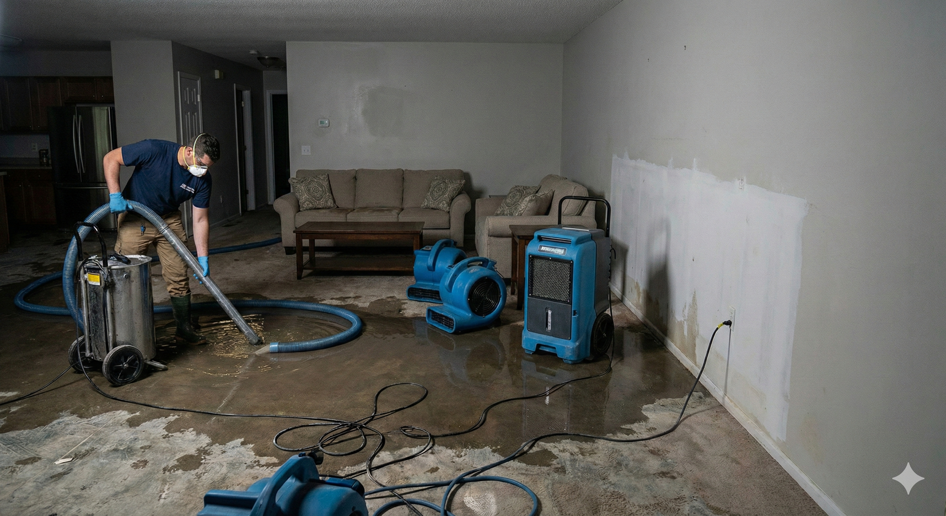 Man using a vacuum to remove water from a flooded room. Blue fans and a couch are also present.