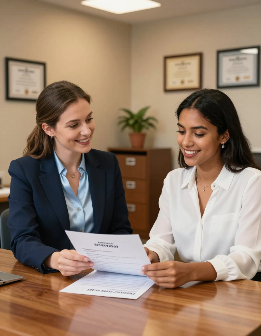 Career advisor and graduate reviewing resume