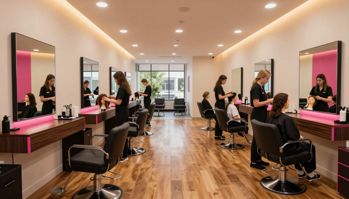 Main salon floor with styling stations and students