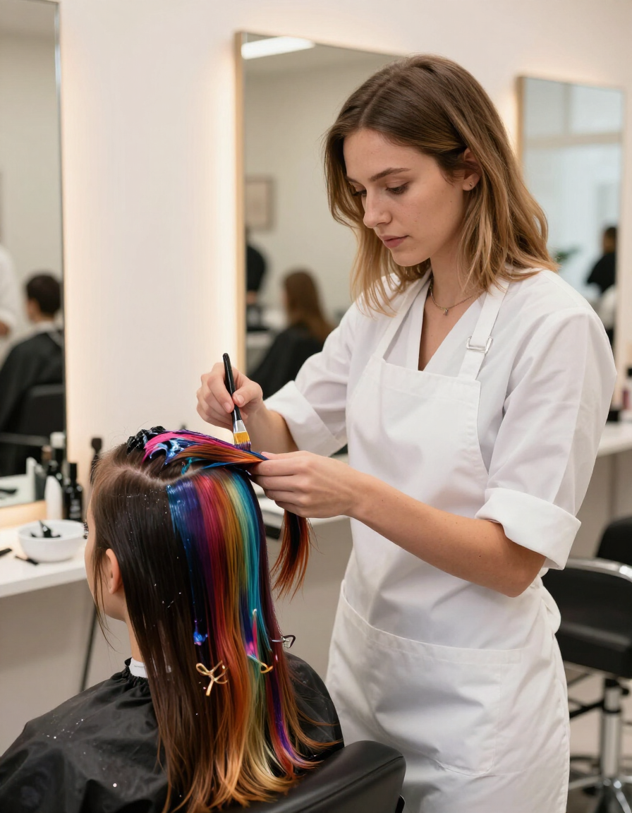 Cosmetology student applying color at a salon station