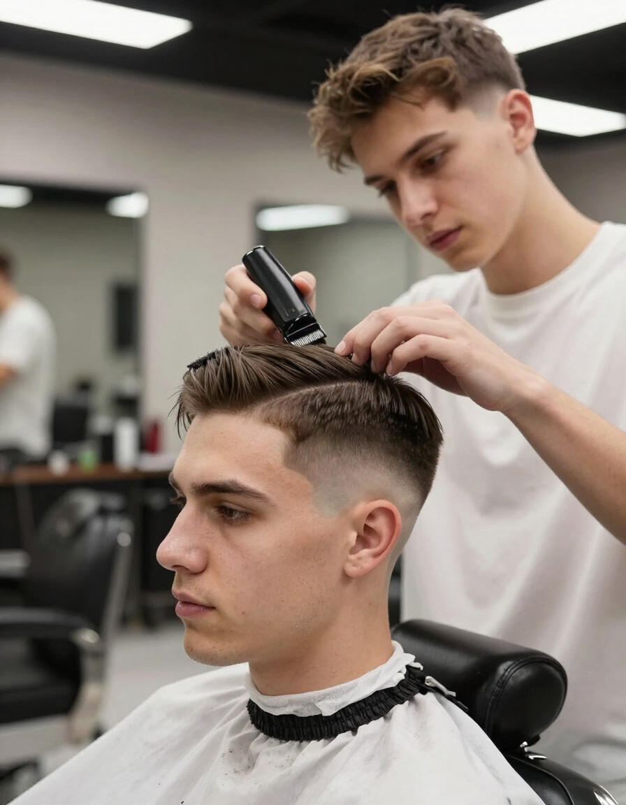 Barbering student executing a clean fade on a client