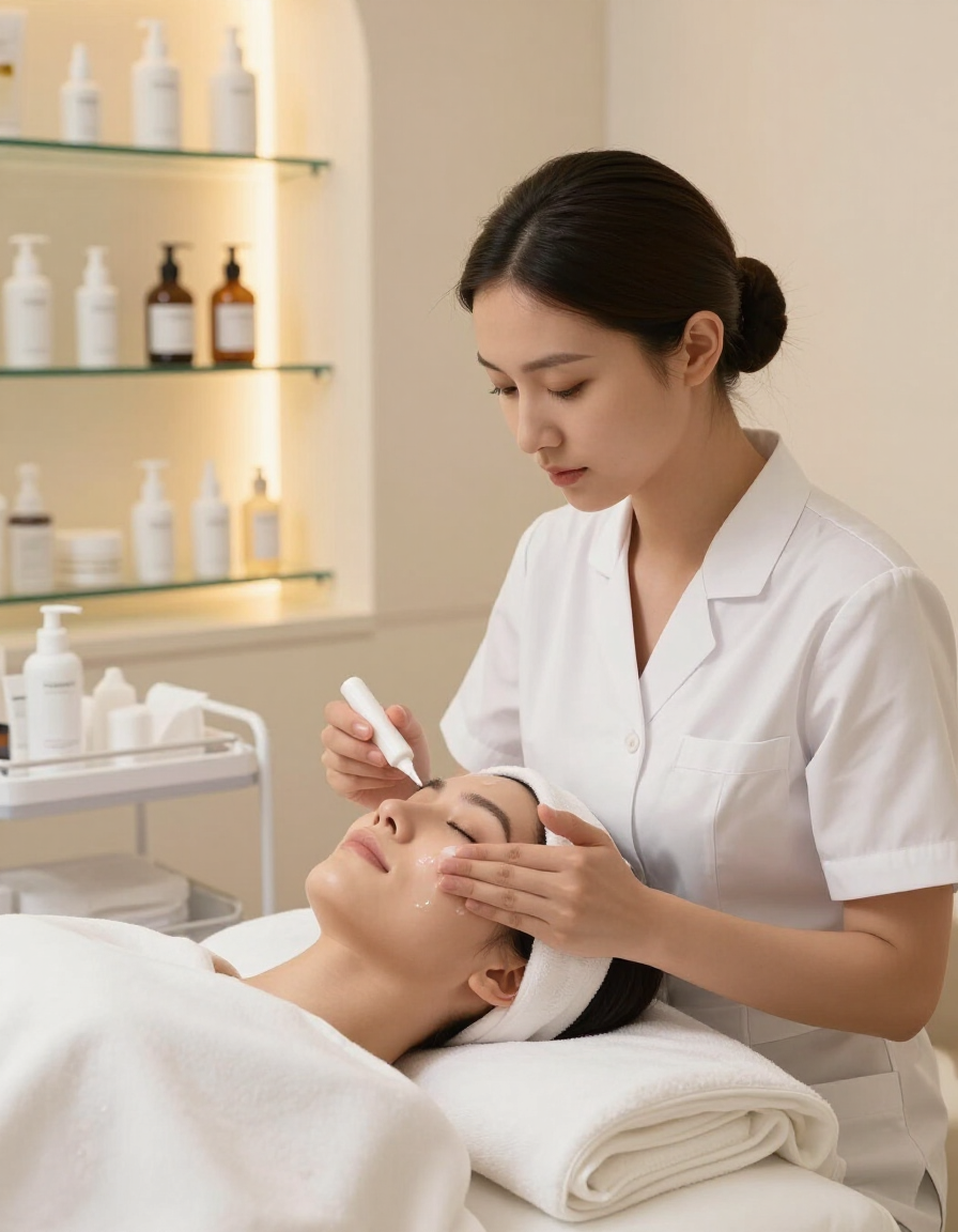 Esthetics student performing a facial treatment on a client