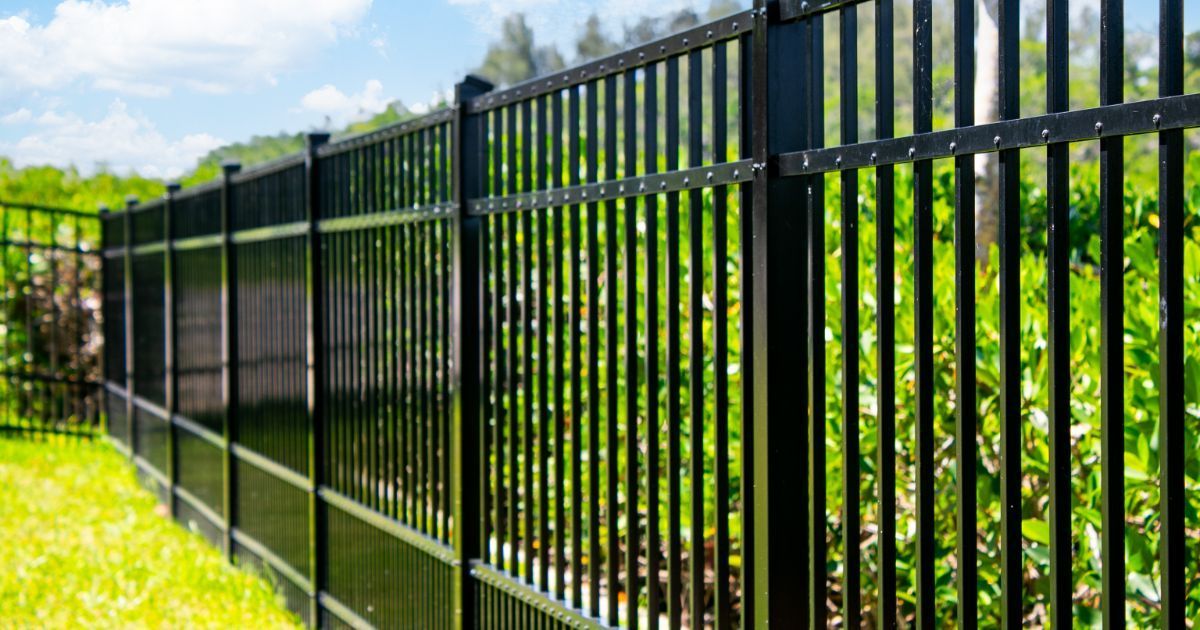 A black, vertical-bar metal fence extends across a green lawn toward a background of trees under a blue sky.