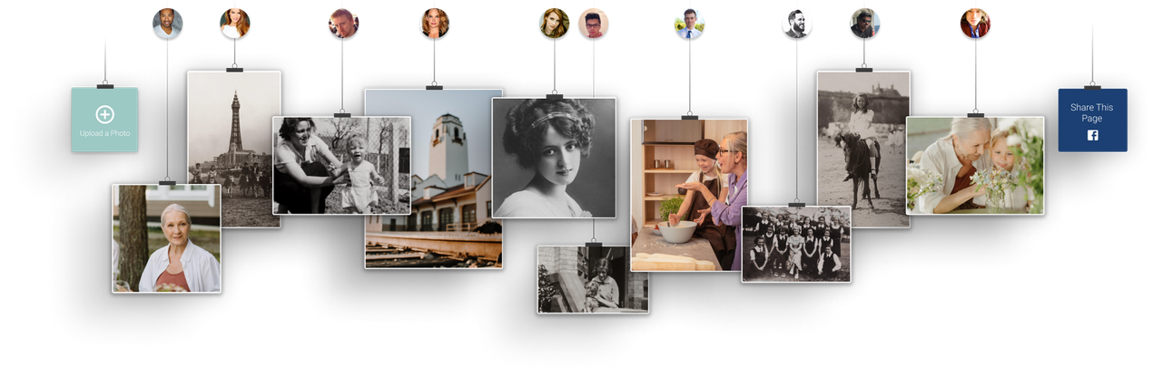 Photo collage of people and city scenes with hanging profile icons on a white background