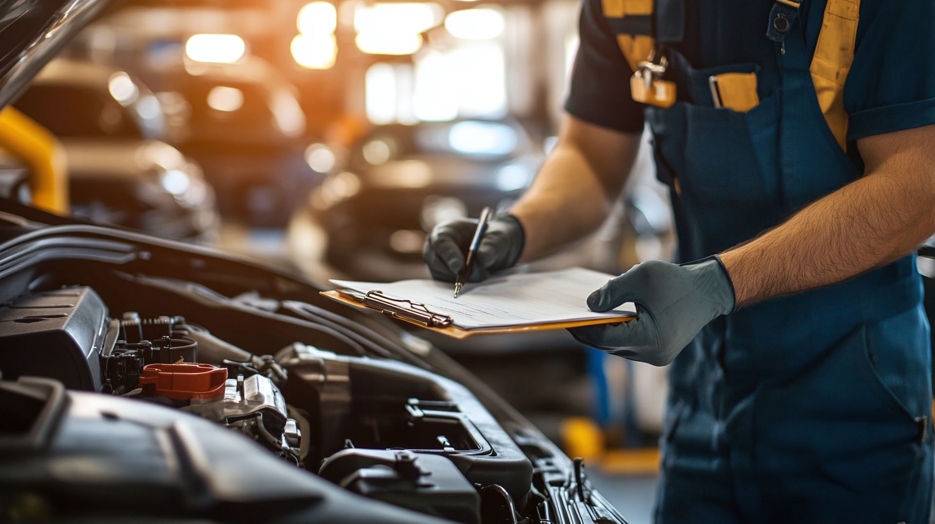 Mechanic using a clipboard for inspection and checking the maintenance checklist. Mechanic using a clipboard for inspection and checking the maintenance checklist.