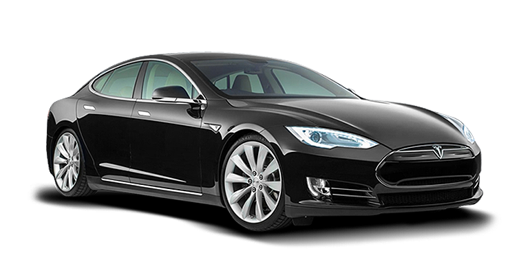 A black tesla model s is shown on a white background.