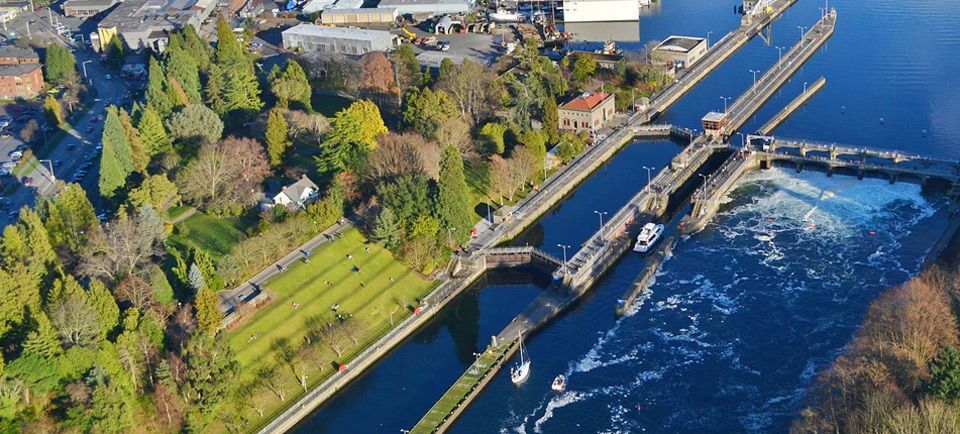 An aerial view of a river with a bridge and a boat in the water.