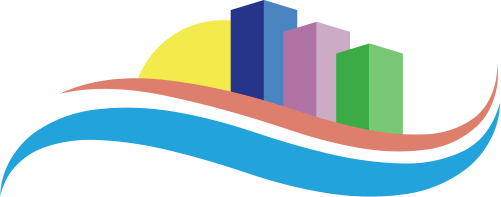 A colorful logo with a wave and buildings on a white background.