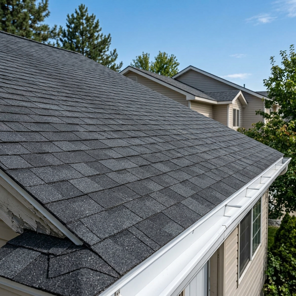 New dark charcoal asphalt shingle roof after replacement in Kuna Idaho