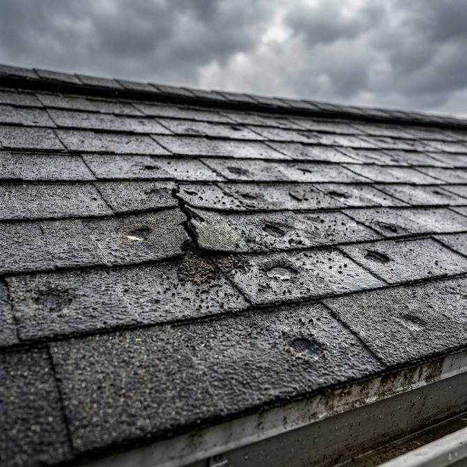 Hail damage on asphalt shingle roof in Kuna Idaho