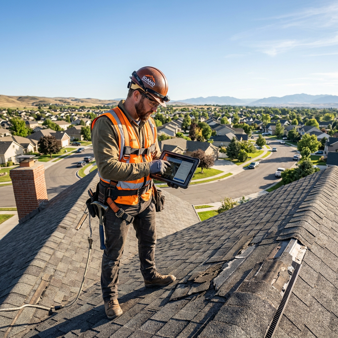 Roofing contractor inspecting residential roof in Kuna Idaho