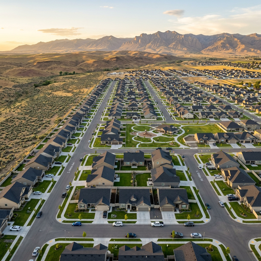 Aerial view of residential neighborhood in Kuna Idaho with Owyhee Mountains