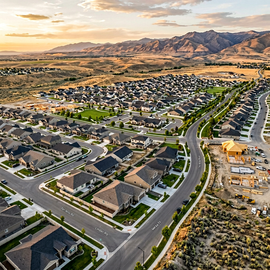 Aerial view of Kuna Idaho residential neighborhood with Owyhee Mountains
