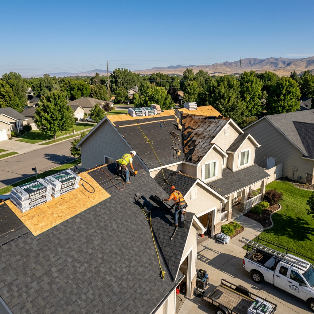 Roofing crew installing new asphalt shingles on Kuna Idaho home