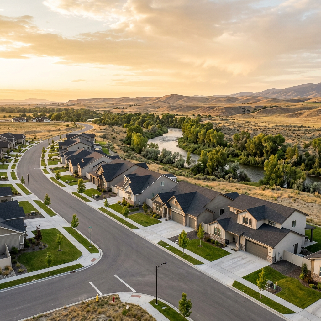 Aerial view of Star Idaho neighborhood along Boise River corridor