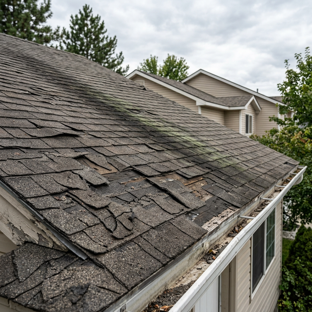 Damaged worn asphalt shingle roof before replacement in Kuna Idaho