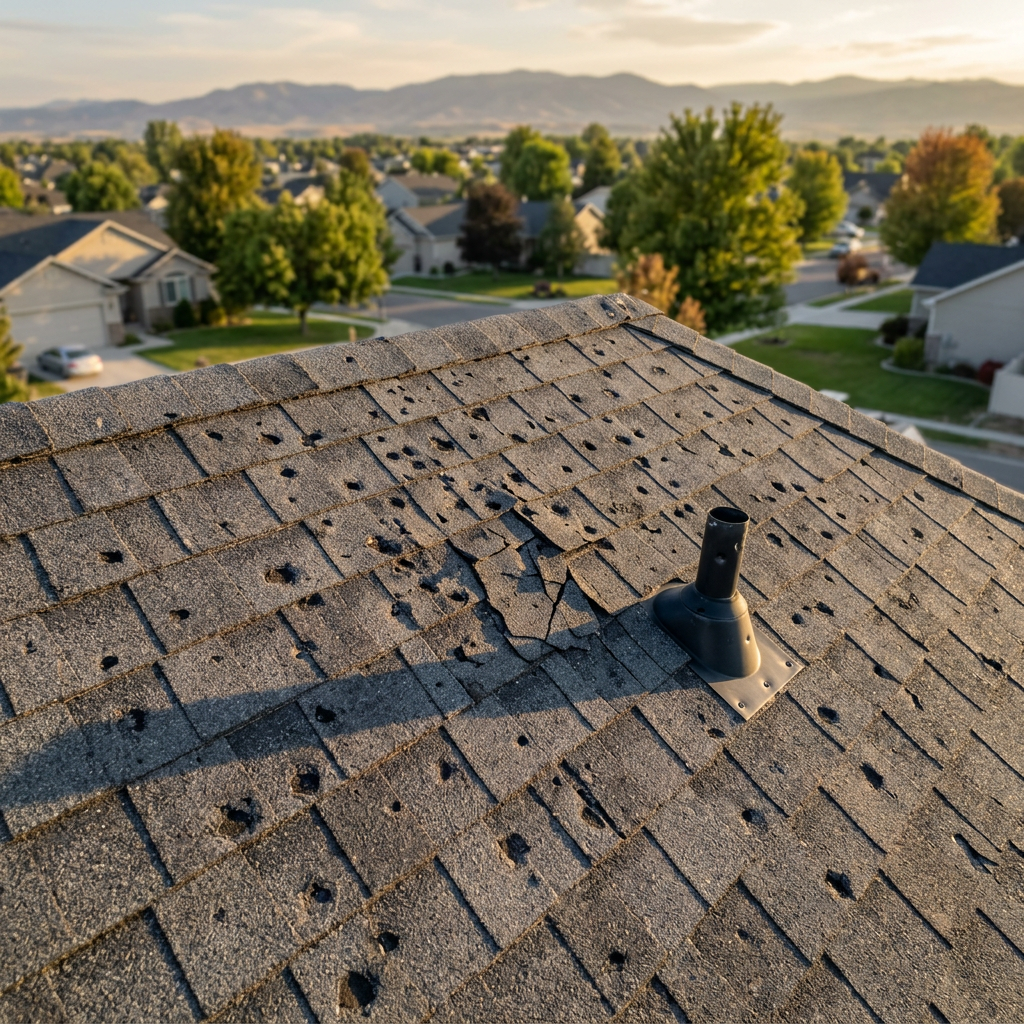 Close-up of hail damage on an asphalt shingle roof in Kuna, Idaho with granule loss and impact 