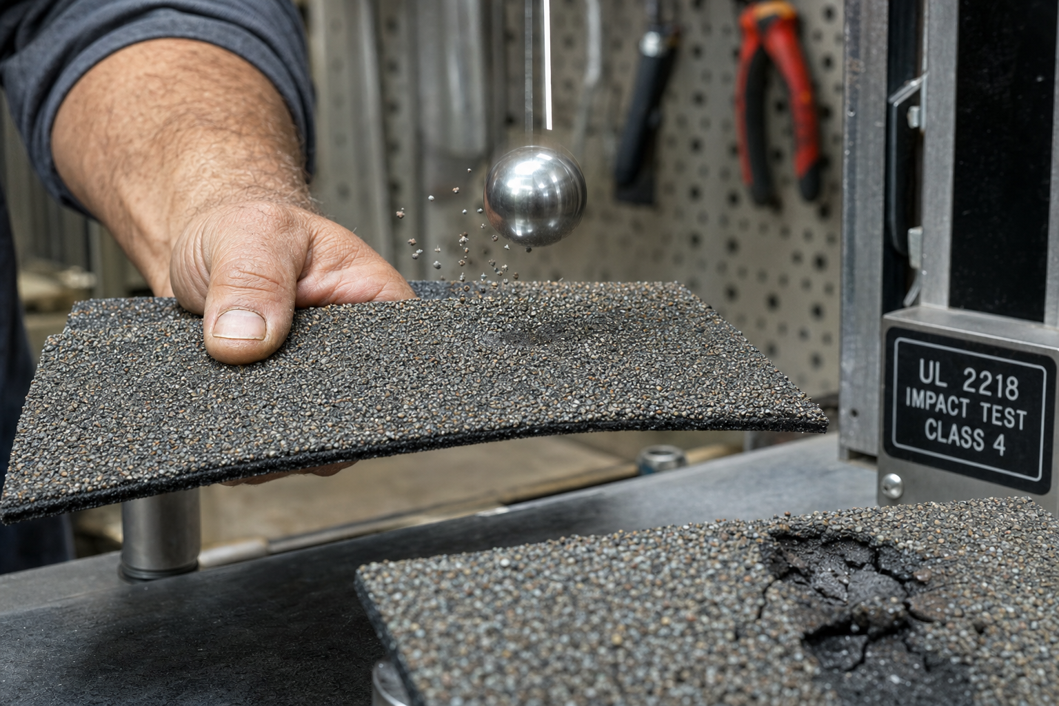 Class 4 impact-resistant shingle sample compared against hail-damaged standard shingle