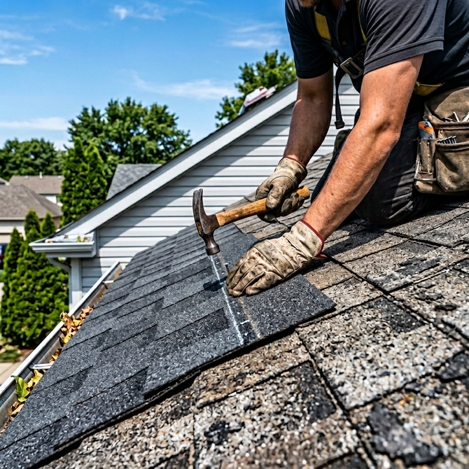Roofing contractor repairing shingles on residential roof in Kuna Idaho