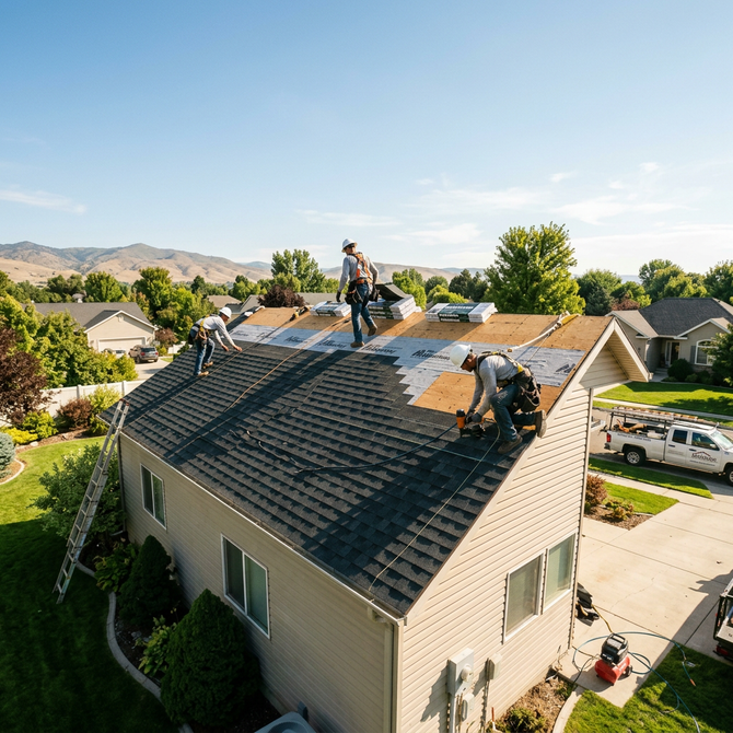 Roofing crew installing new asphalt shingles on Kuna Idaho home