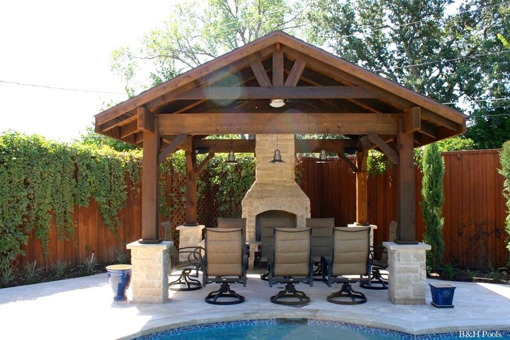 A gazebo with a fireplace and chairs next to a pool.