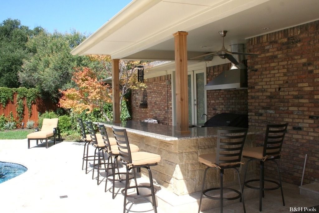 A patio with a bar and chairs next to a pool