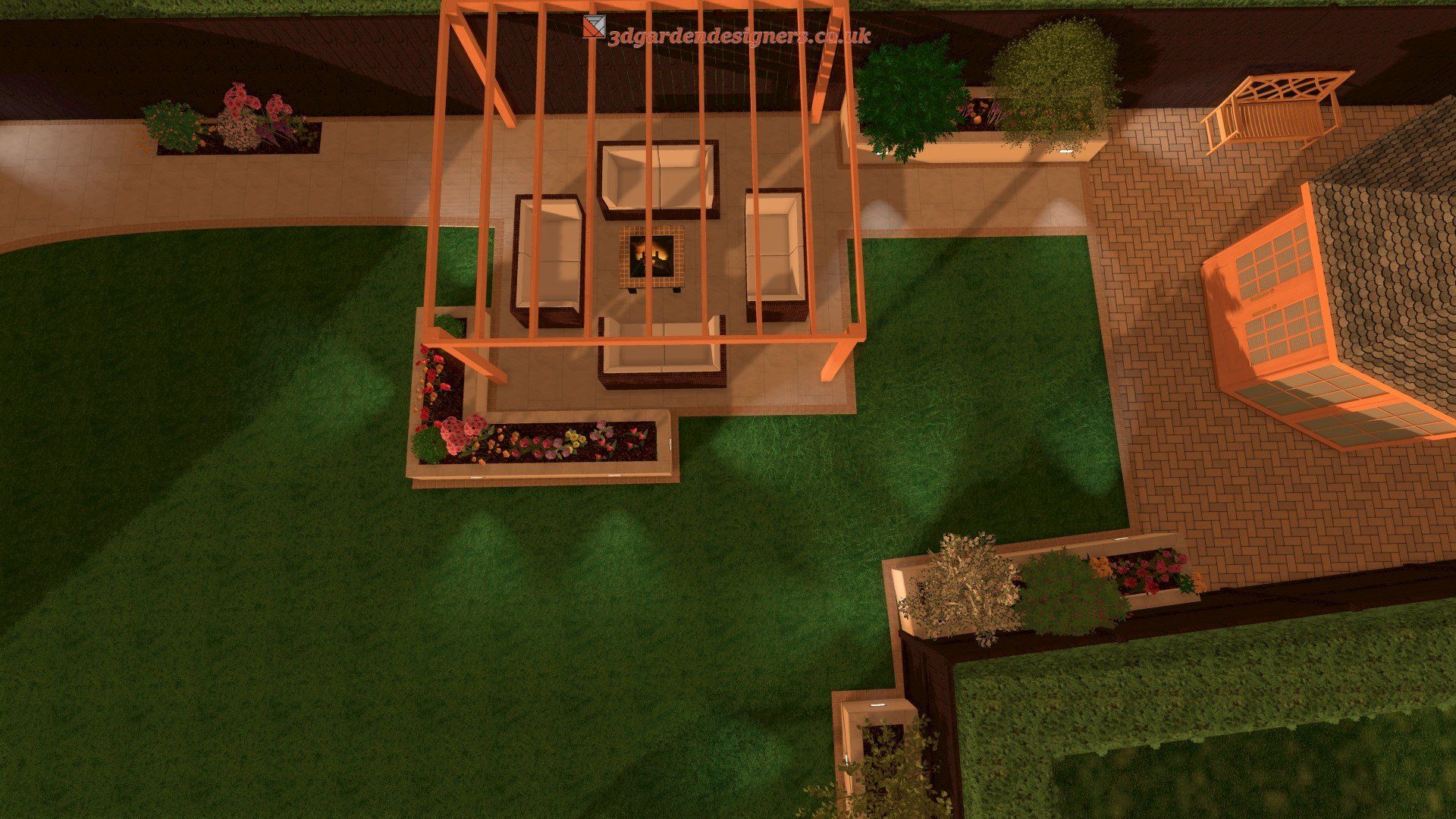 An aerial view of a house with a gazebo in the middle of the yard.