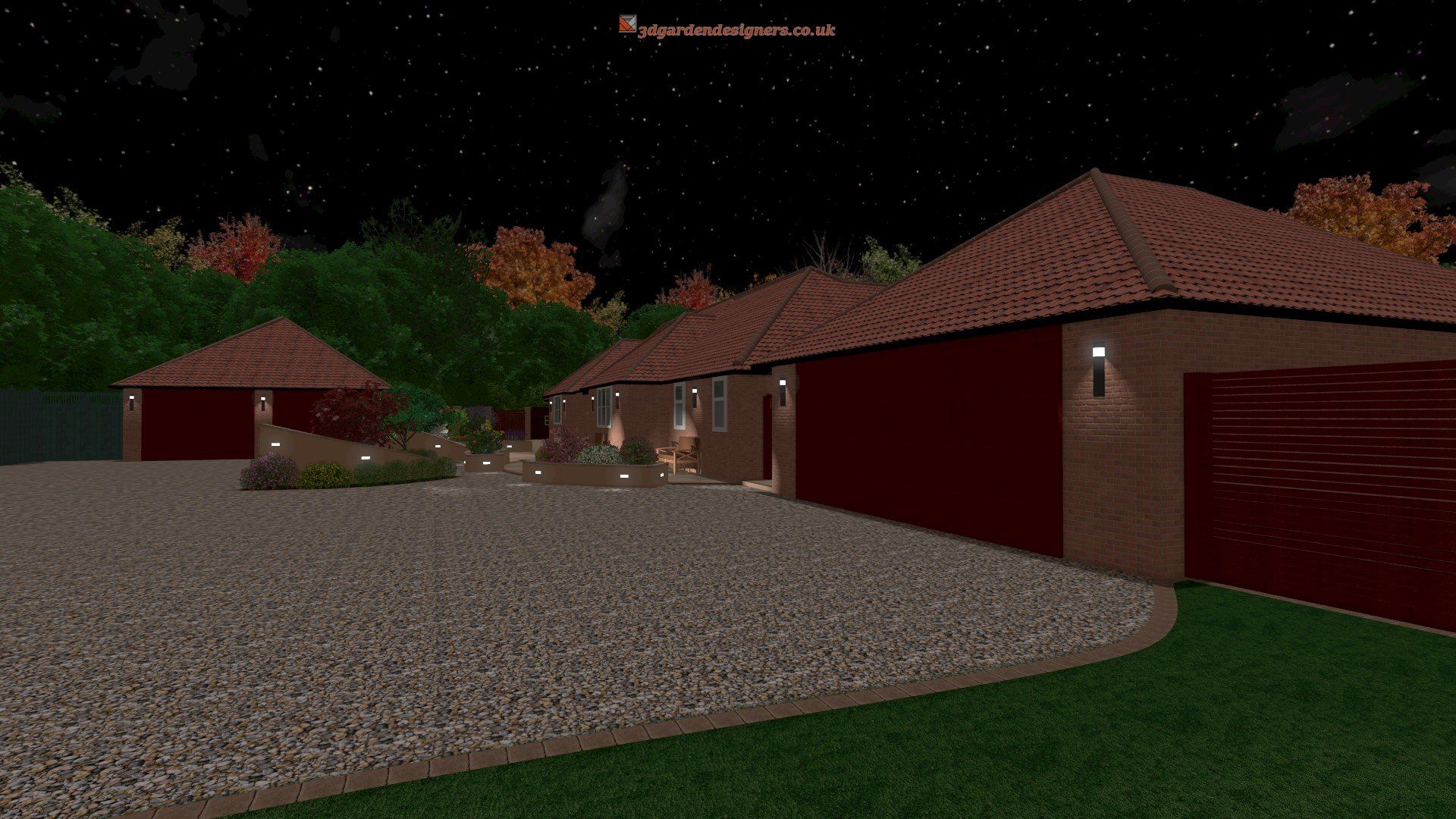 A computer generated image of a house and garages at night.
