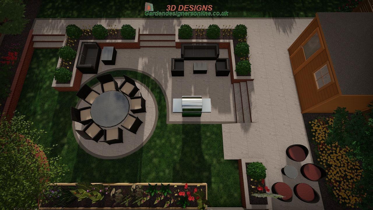 An aerial view of a garden with a fire pit in the middle