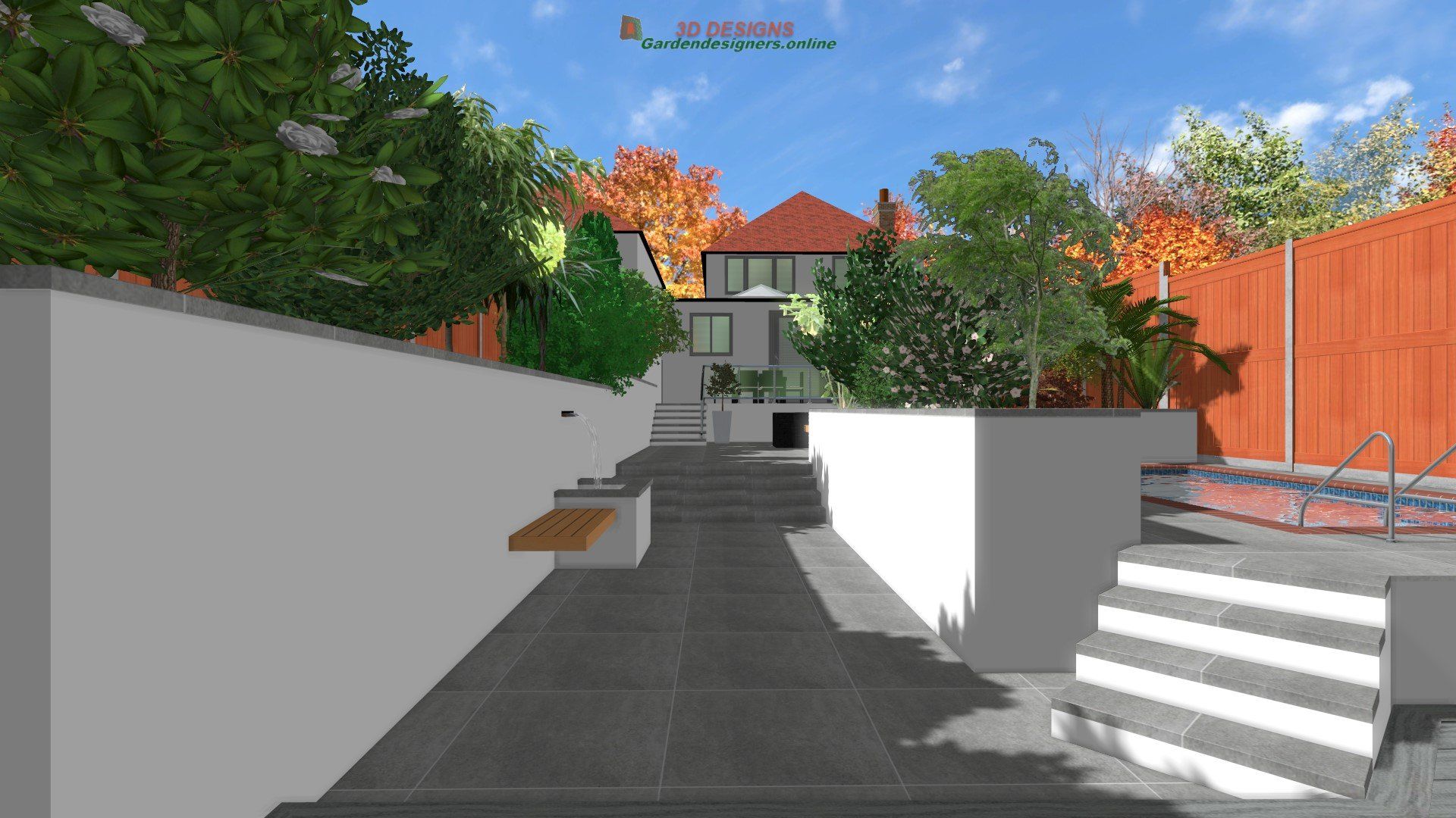 A computer generated image of a backyard with a house in the background.