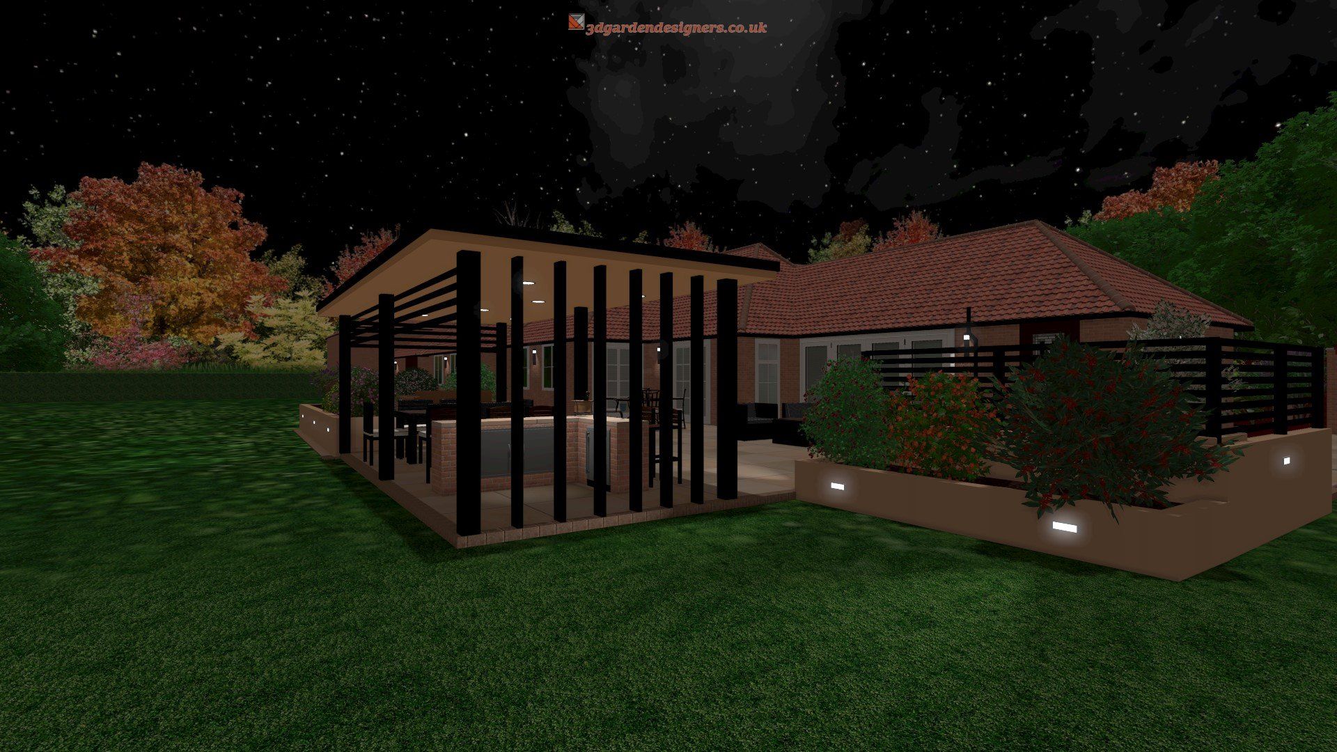 A computer generated image of a house at night.