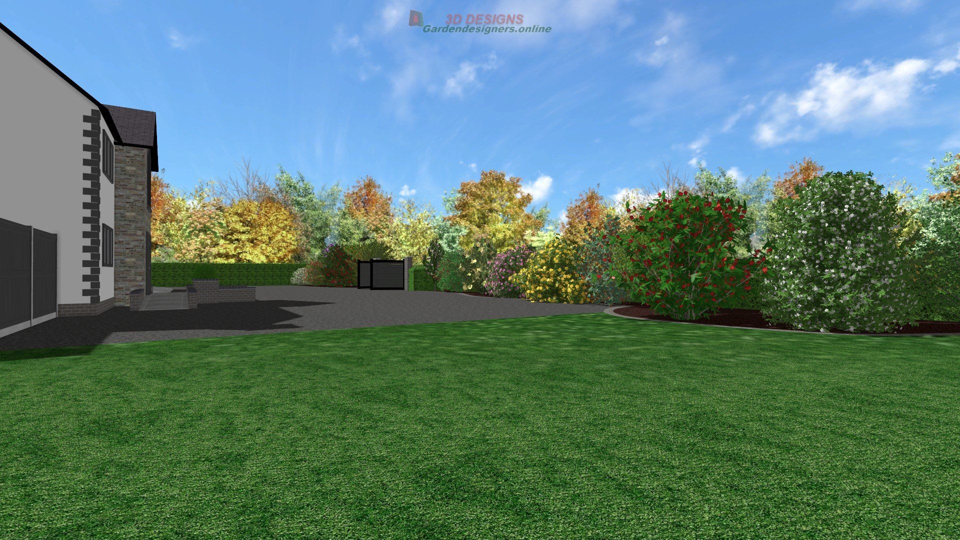 A computer generated image of a house with a large lawn in front of it.