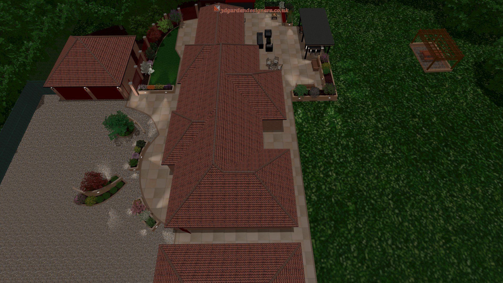 An aerial view of a house with a red tile roof surrounded by trees.