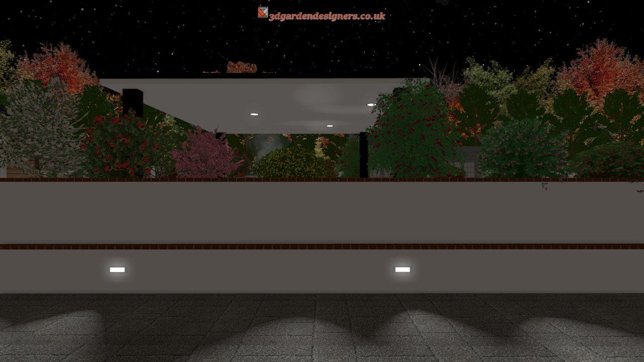 A computer generated image of a building with trees in the background at night.