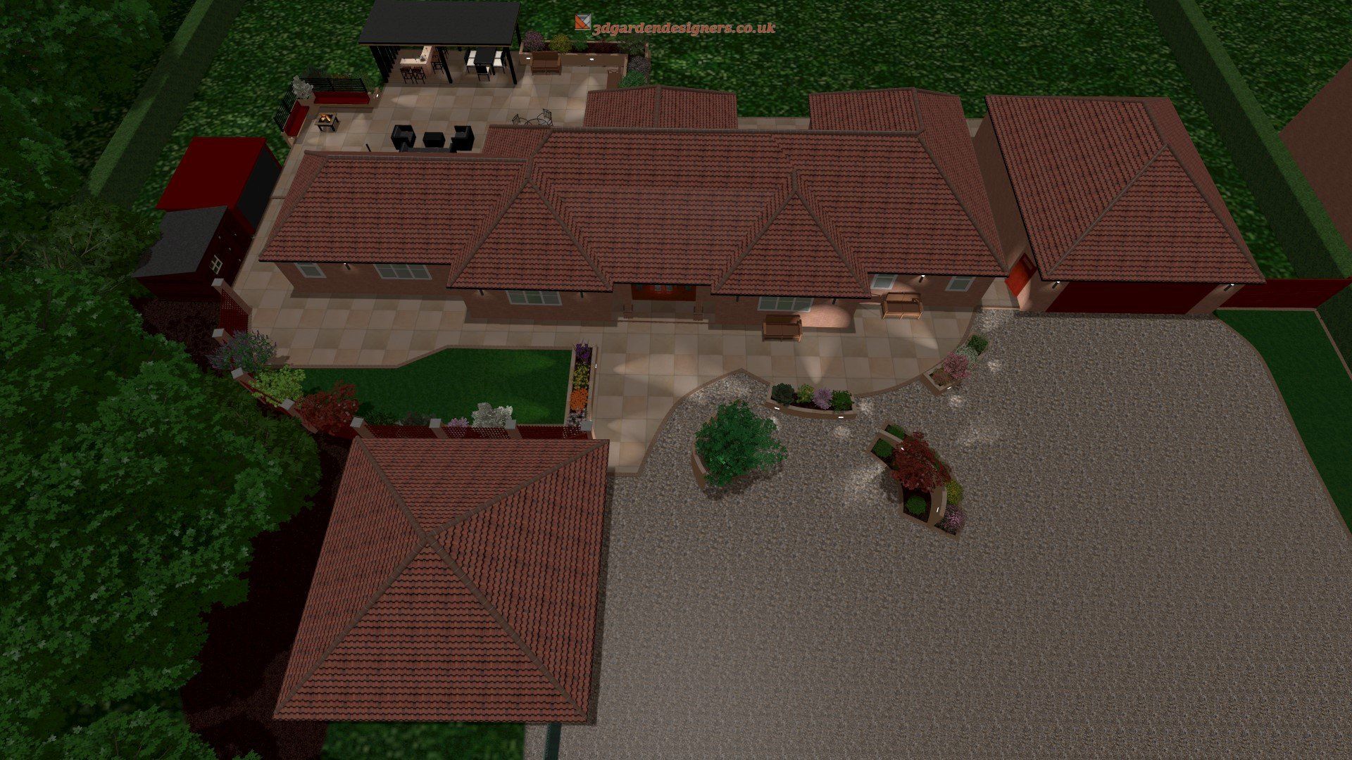An aerial view of a large house with a red tiled roof surrounded by trees.