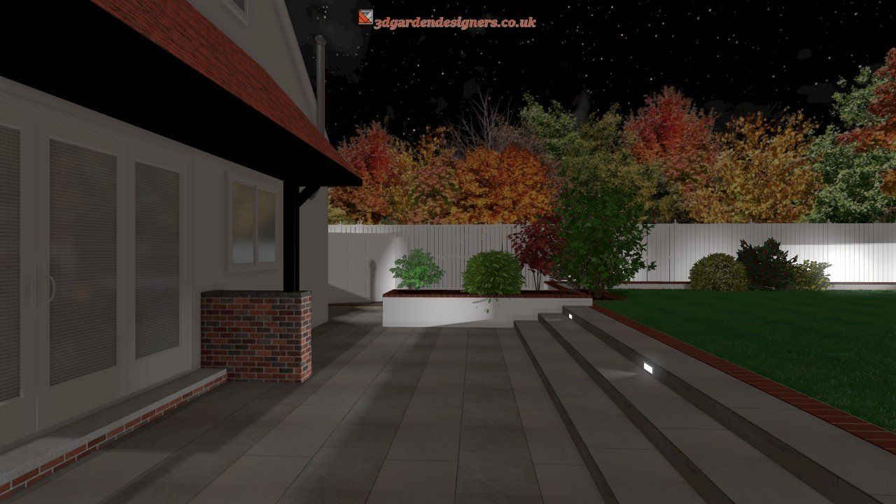 A computer generated image of a backyard at night