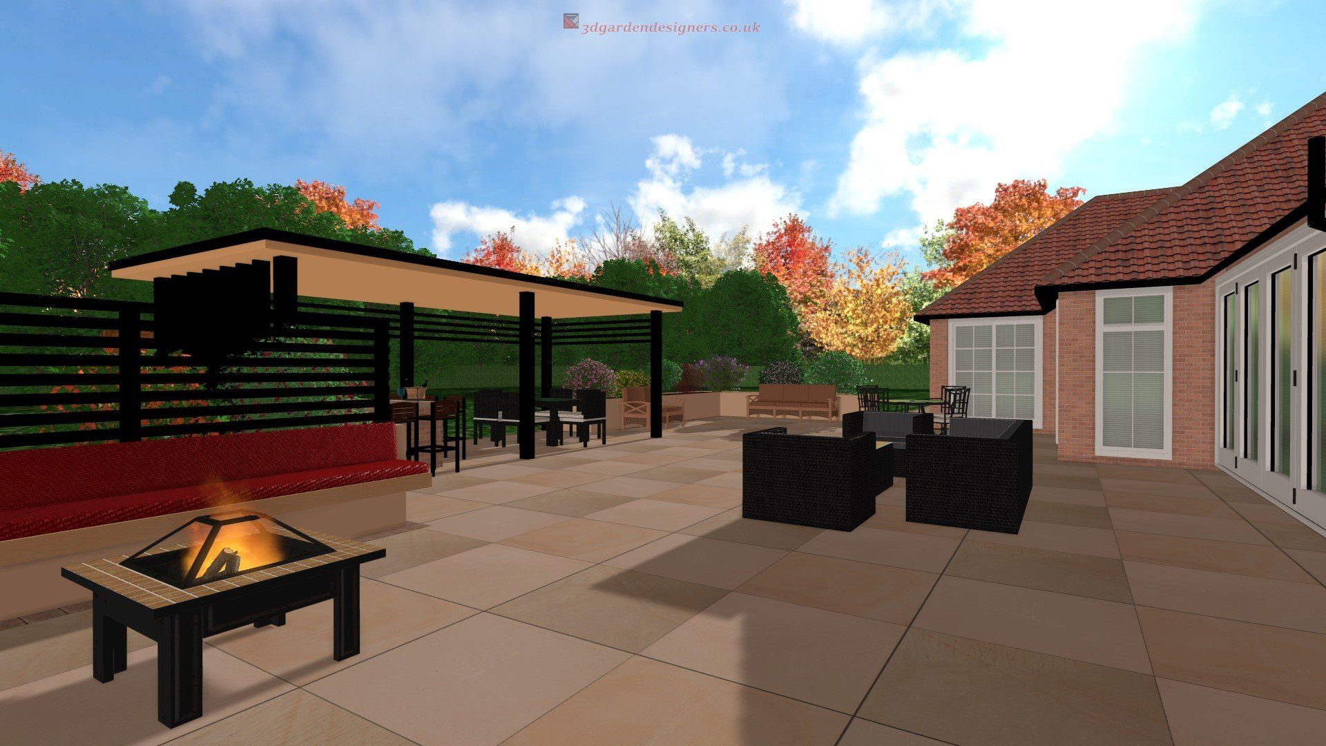 A computer generated image of a patio with a fire pit