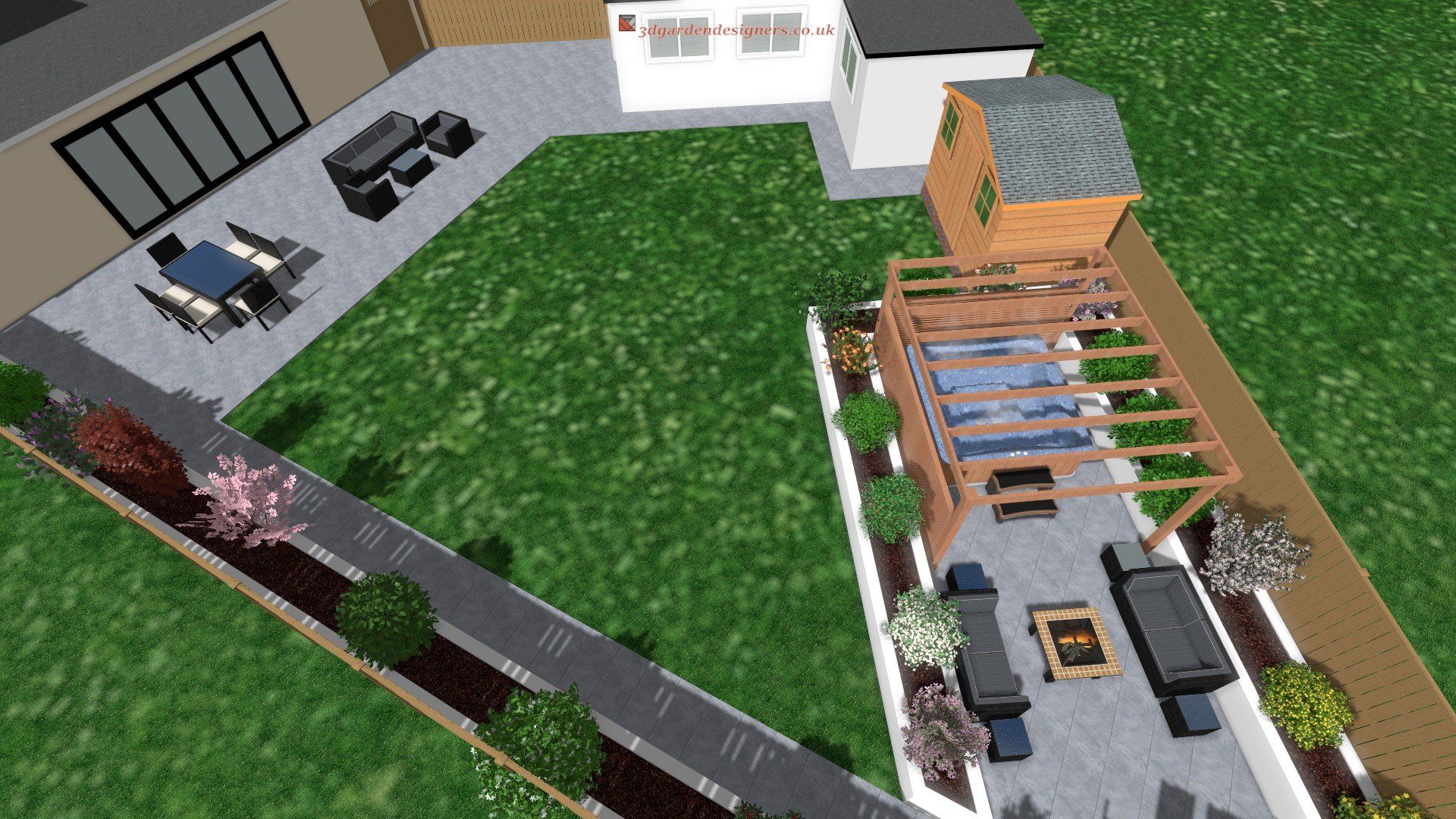 An aerial view of a backyard with a pergola , table and chairs.