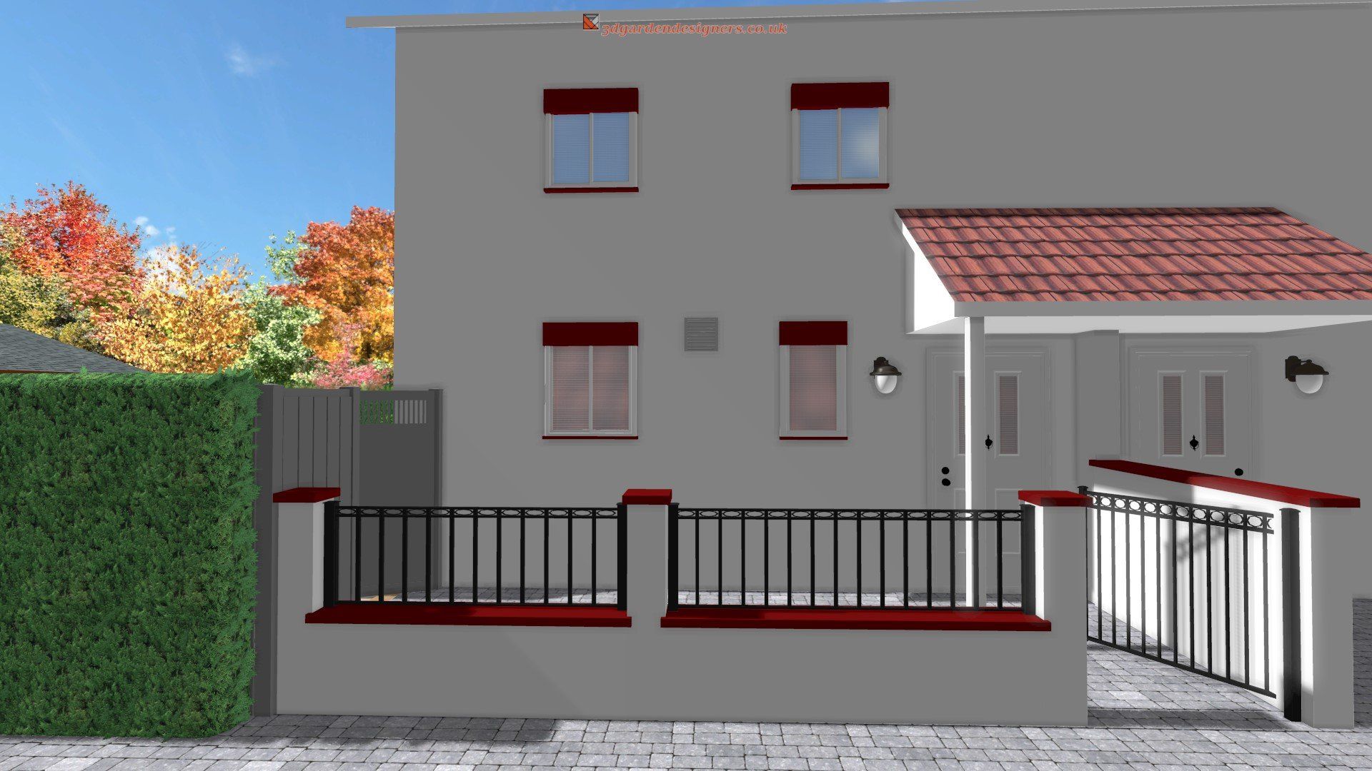 A computer generated image of a house with a red roof