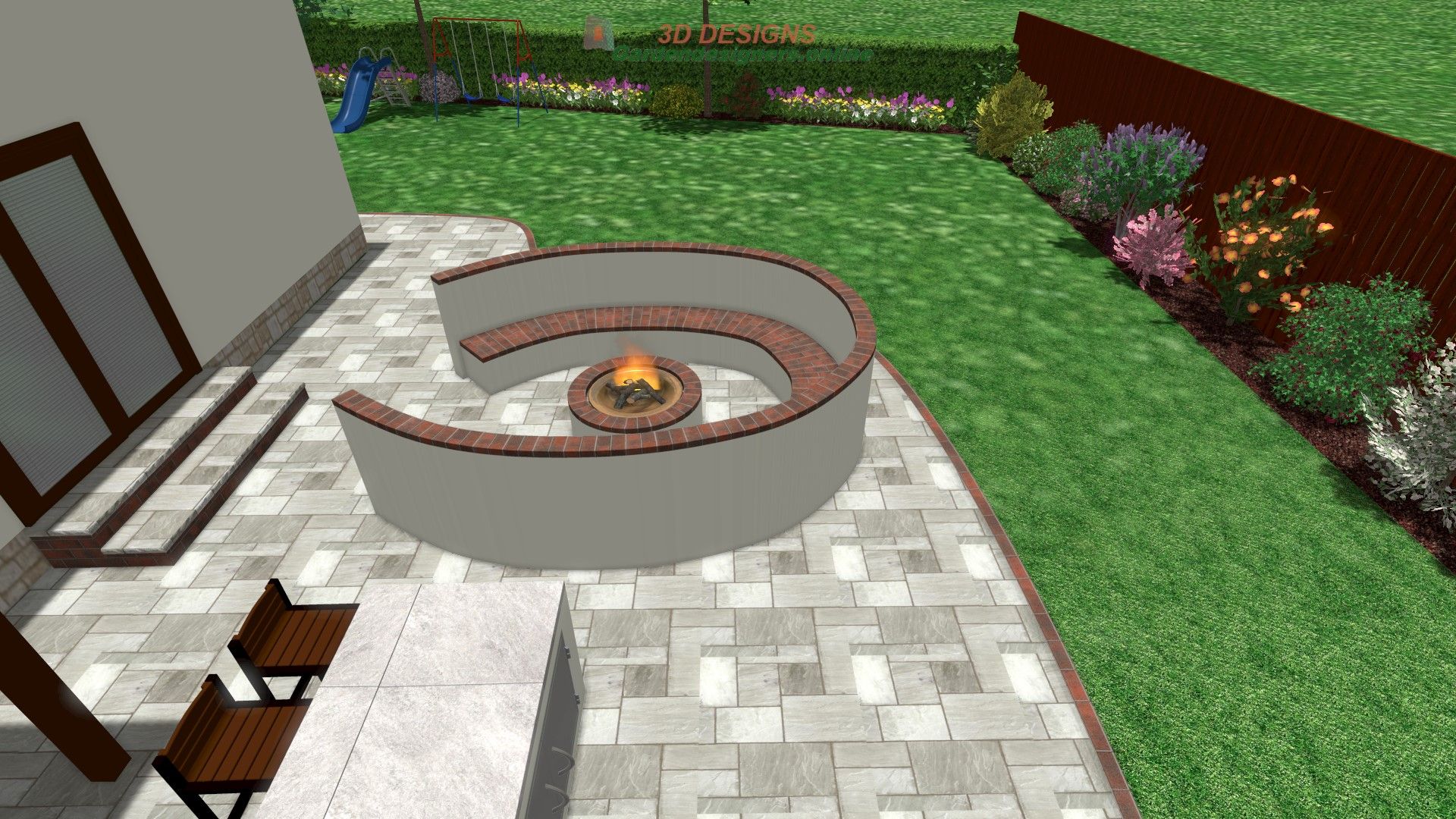 A computer generated image of a patio with a fire pit in the middle.