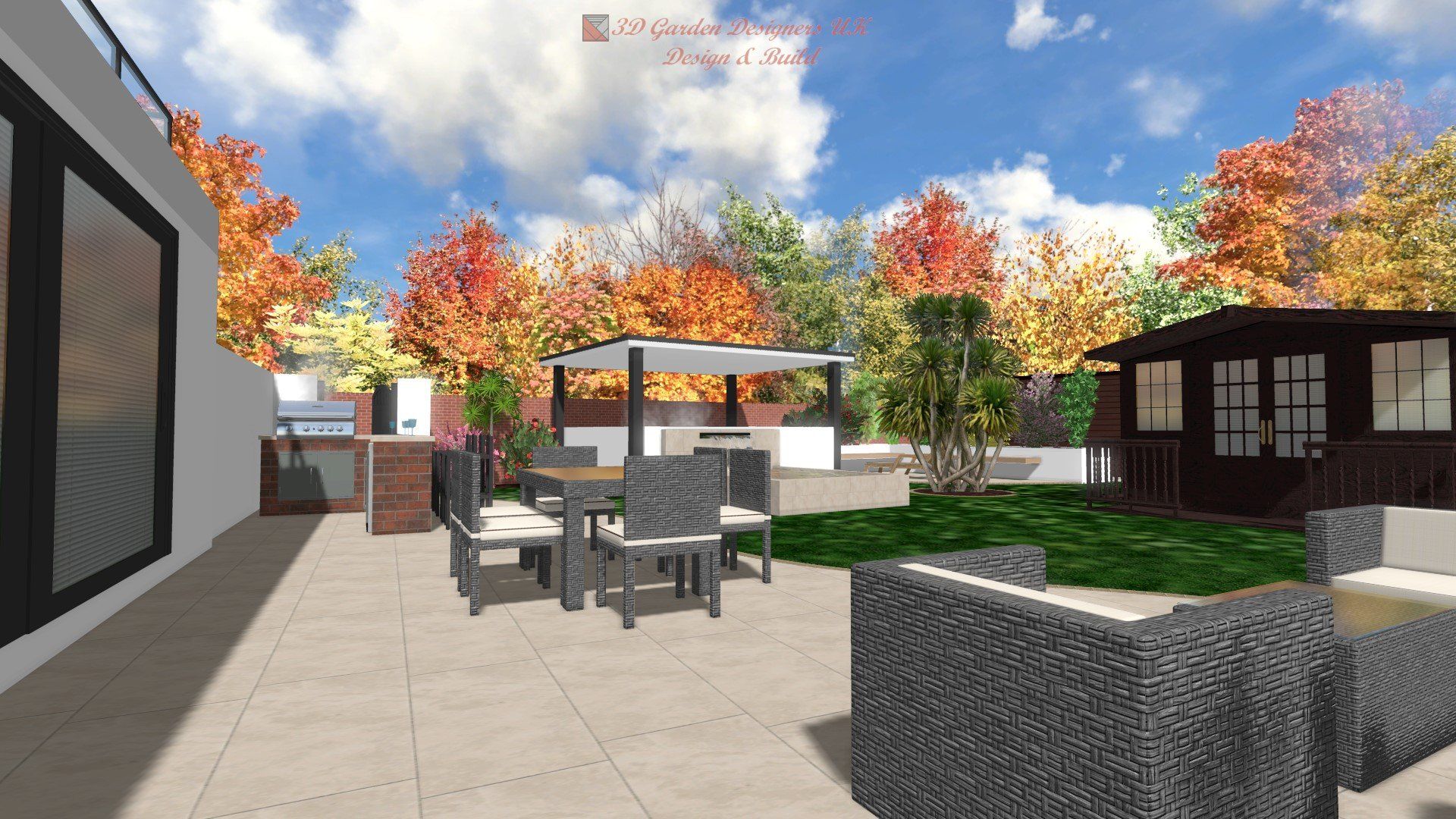 A computer generated image of a patio with a table and chairs
