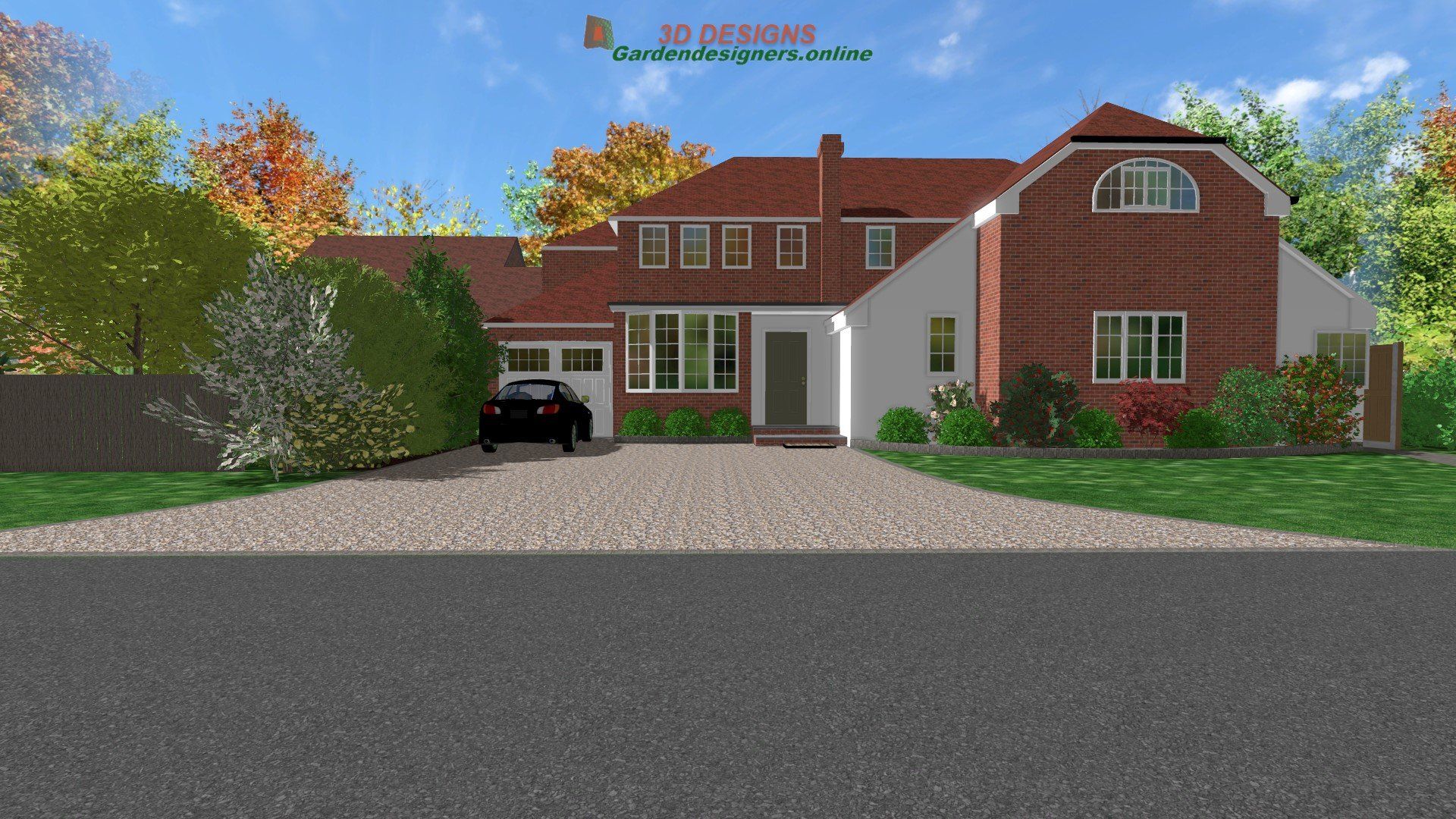 A computer generated image of a house with a car parked in front of it