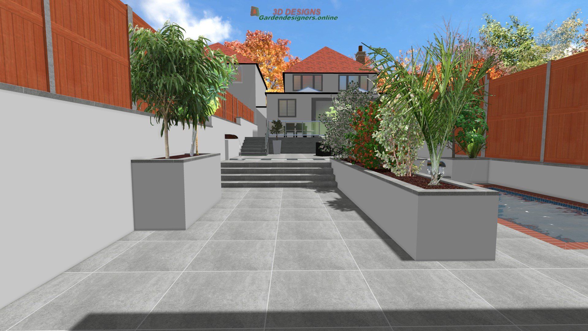 A computer generated image of a backyard with a house in the background.