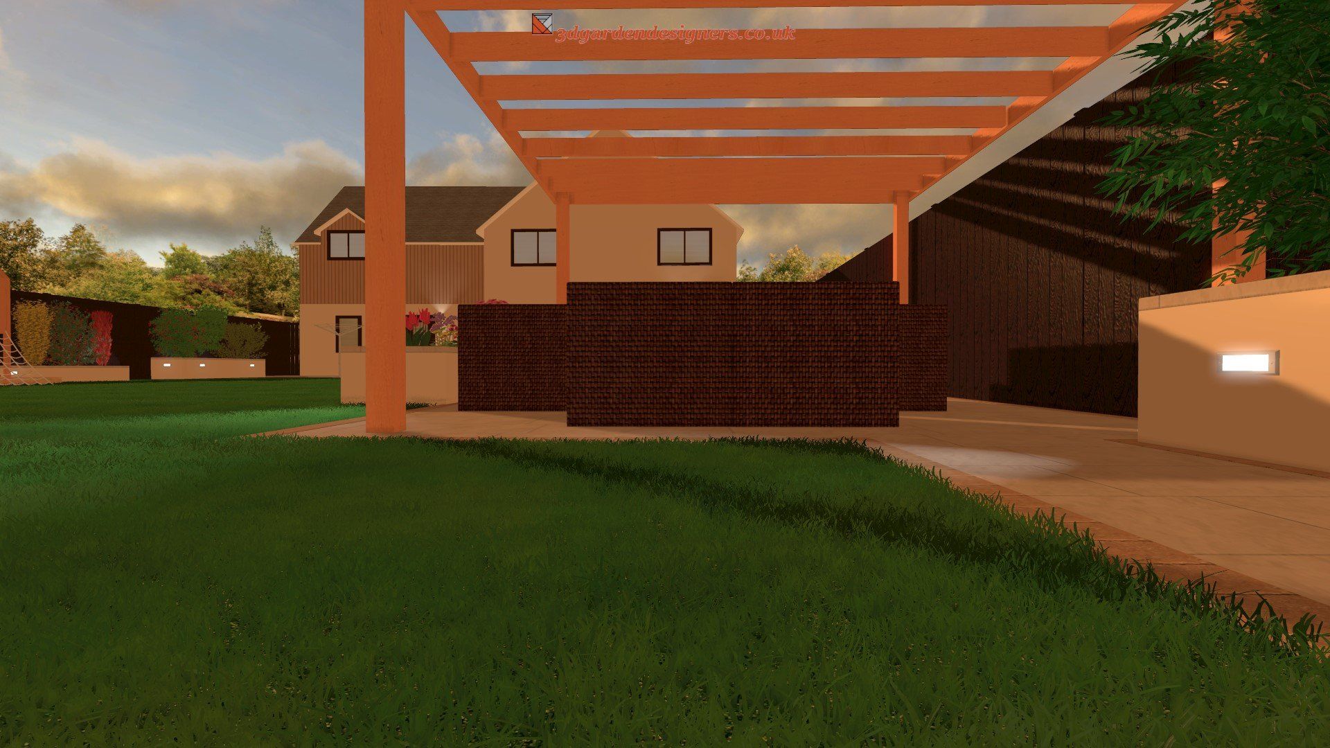 A computer generated image of a house with a pergola in the backyard.