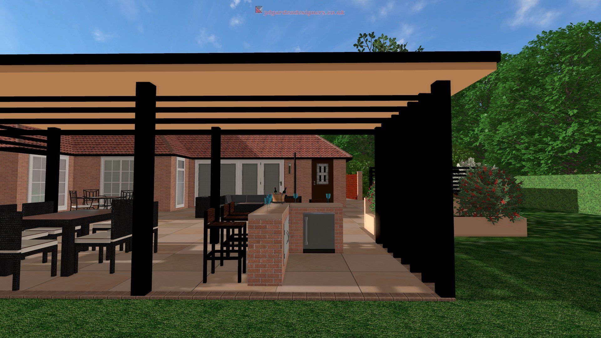 A computer generated image of a house with a patio area