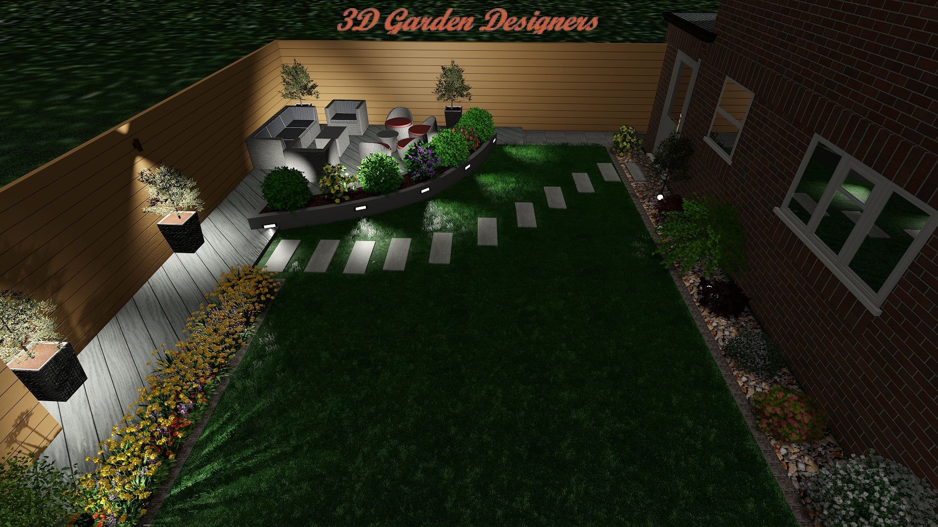 An aerial view of a garden with a house in the background