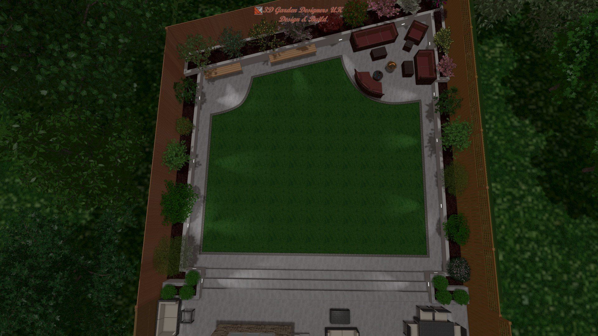 An aerial view of a backyard with a lawn and a patio.