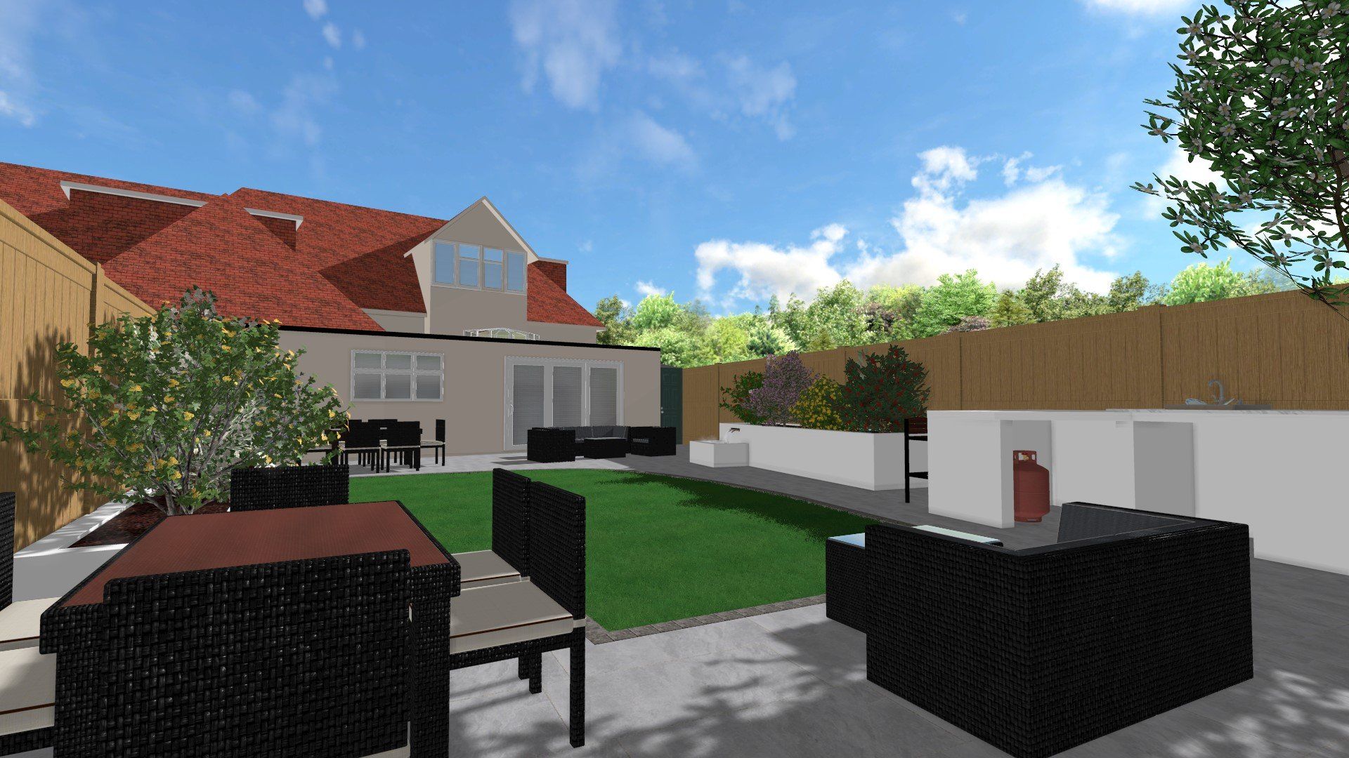 An artist 's impression of a backyard with a table and chairs